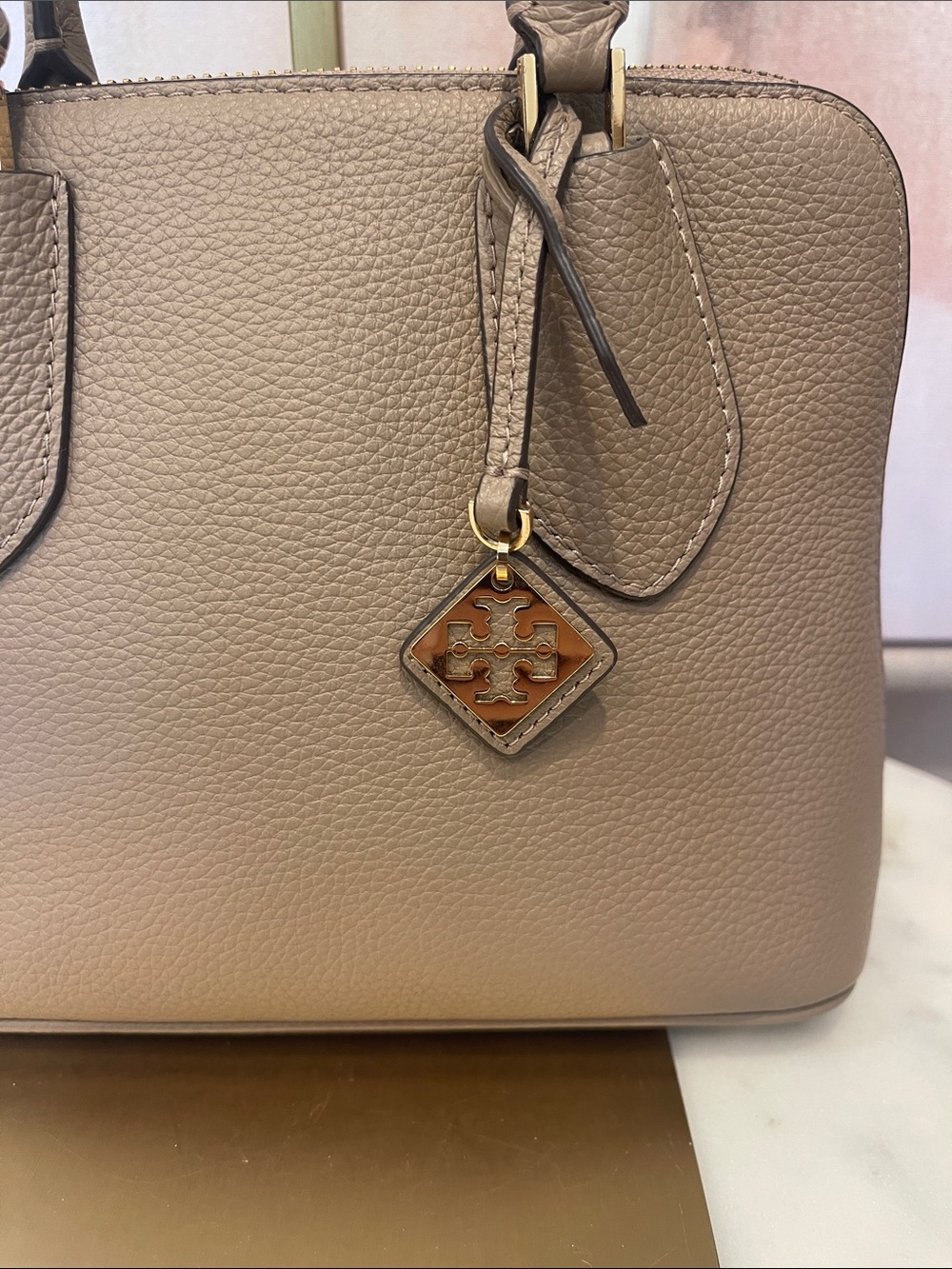 Tory Burch Mini Swing Pebbled Leather Satchel in Natural - Picture 4 of 9